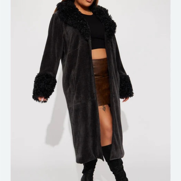 Fashion Nova Black Corduroy Coat with Faux Fur Trim - Picture 2 of 4